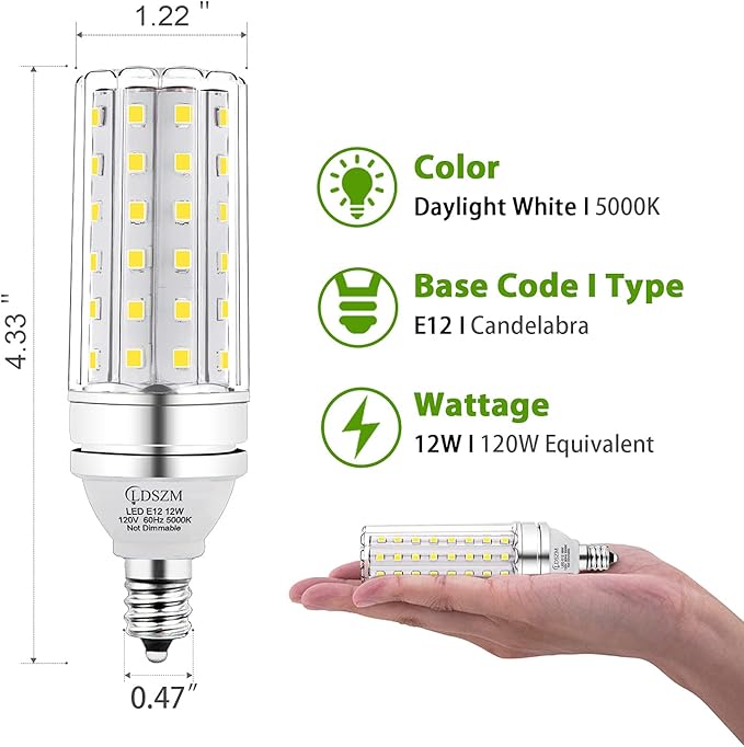 E12 LED Corn Light Bulb, 12W Equivalent 100W, 1200 Lumen Daylight 5000K, Non-Dimmable Candelabra Base Chandelier Light Bulbs, Pack of 3
