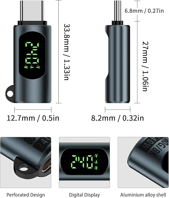 Duttek 80Gbps USB C Extender Adapter with Power Meter Tester, 240W PD, 8K@60Hz Wattage, Voltage, Amperage LED Digital Display, USB C Male to Female Adapter for iPhone 15/16 (Grey-2 Pack)