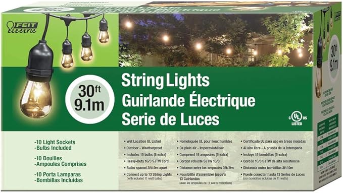 Feit Electric 72041 30 Foot Heavy-Duty Weather Resistant Decorative Indoor and Outdoor 10 Sockets Incandescent String Lights, 30', 11W, Dimmable,Black