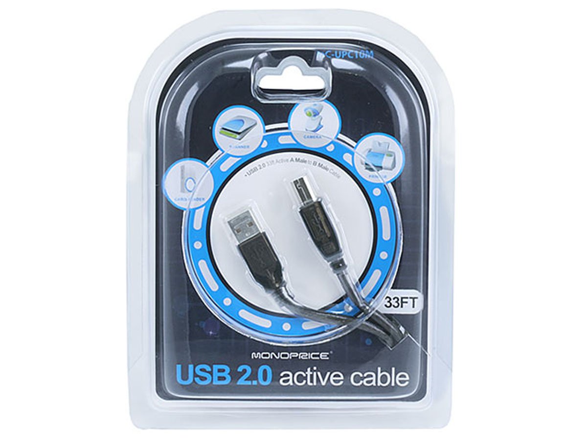 2.0 28/24AWG, 33 Monoprice USB Extension Cable - USB Type-A to USB Type-B, Male to Male, Active, Feet, Black