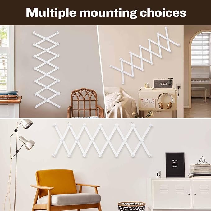 Wall Rack with 20 Hooks, Wooden Wall Expandable Coat Rack for Coat, Hats, Baseball Caps, Coffee Mug, Jewelry(White)