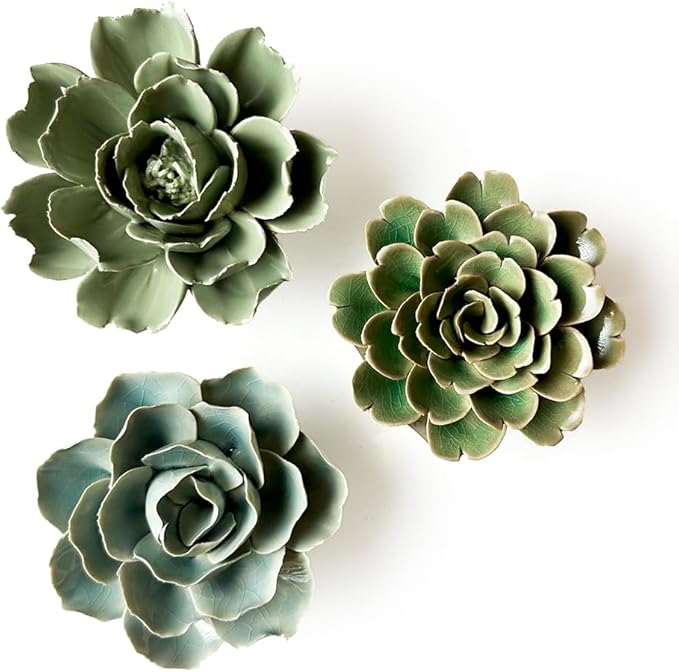 CHIVE ‘Coral’ — Beautiful, Decorative Ceramic Flower — Unique Tablescape Piece — Small Set of (Light Green Flower, Green Rose, Teal Ranunculus).