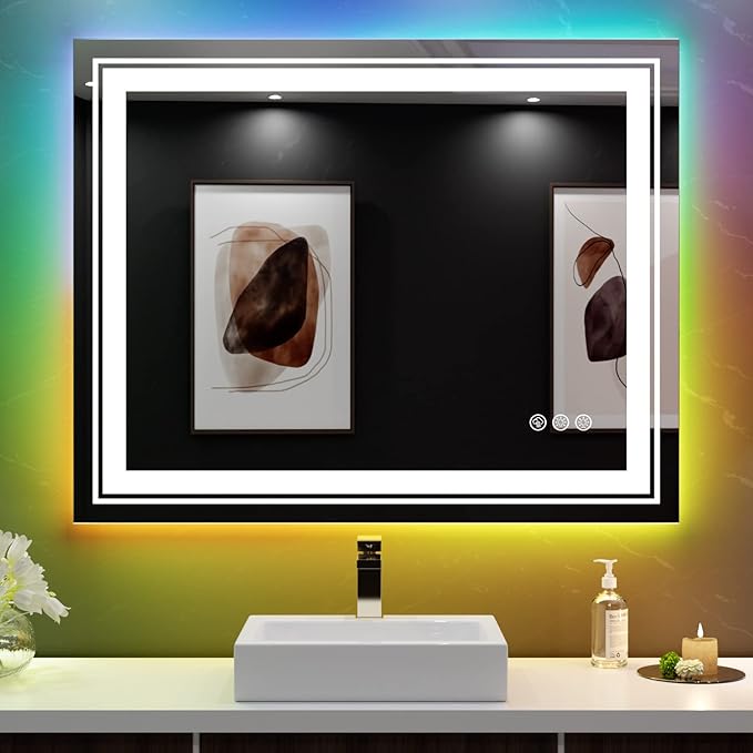 LED Mirror for Bathroom, 40"X32" with 8 RGB Backlit +3 Front Lit (Adjustable Individually), Anti-Fog, Lighted Bathroom Vanity Mirror for Wall, Shatterproof, Memory Function, Tempered Glass