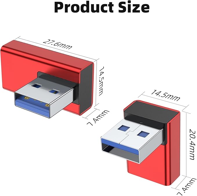 AreMe 90 Degree USB 3.0 Adapter 4 Pack, Up and Down Angle, Left and Right Angle USB A Male to Female Converter Extender for PC, Laptop, USB A Charger, Power Bank and More (Red)