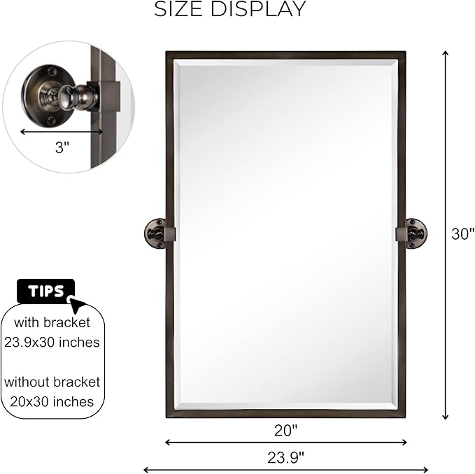 TEHOME Pivot Tilting Bathroom Vanty Mirror Rectangle Oil Rubbed Bronze Metal Framed Beveled Wall Mirror, Overall 23.9 x 30 inches (Mirrror 20 x 30 inches)