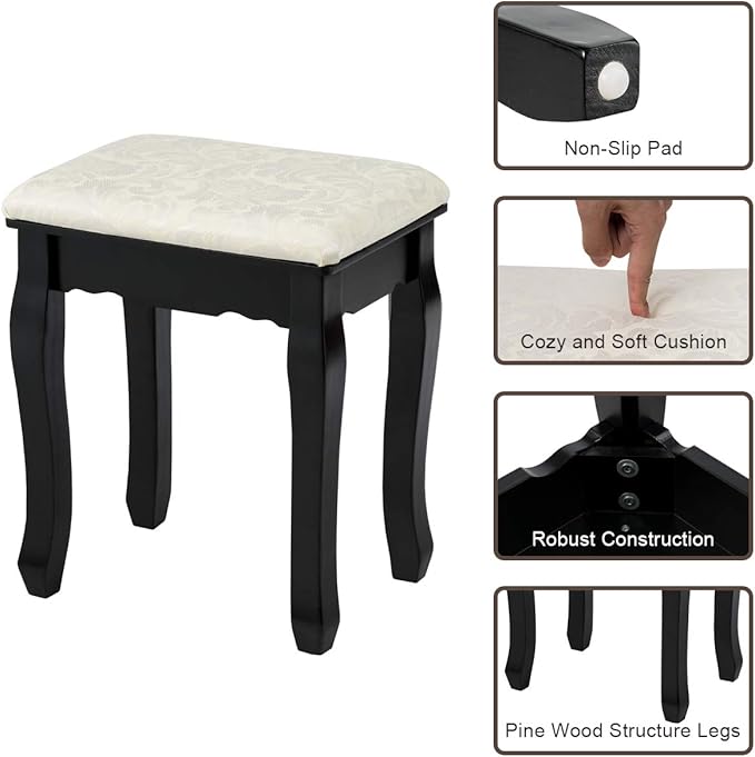 Giantex Vanity Table Set with 12 Lights Mirror, Bedroom Makeup Dressing Table with 360° Rotating Oval Mirror, 5 Drawers and Shelf, Modern Makeup Table with Cushioned Stool for Girls Women (Black)