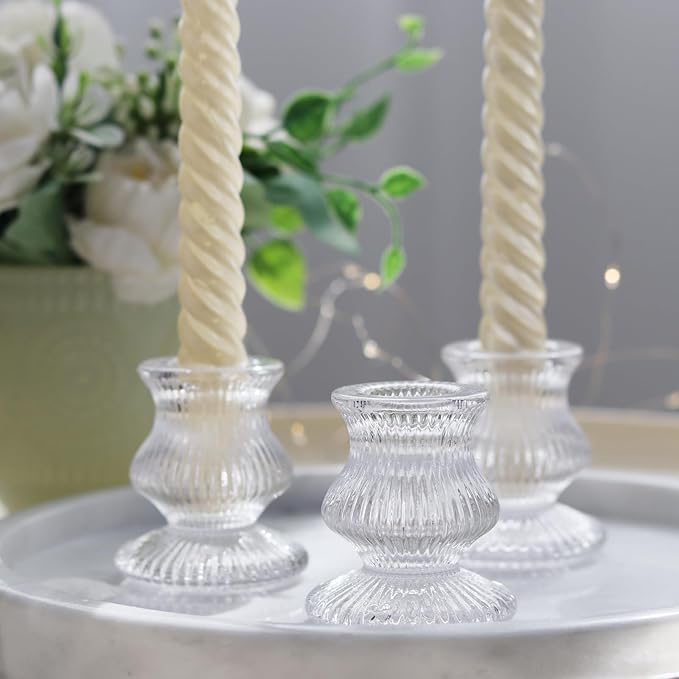 WDHODEC Clear Glass Candlestick Holders 12PCS Taper Candle Holders for Table Centerpiece Colorful Candle Sticks for Wedding, Party and Festival Decoration