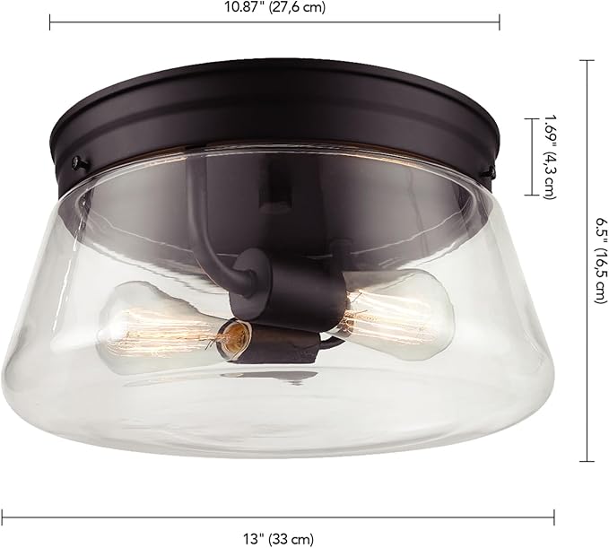 GLOBE Electric 44777 Aleyna 2-Light Outdoor Flush Mount Ceiling Light, Matte Black, Clear Glass Shade, Bulb Not Included