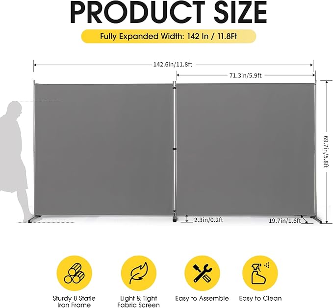 Rantila Indoor Room Divider, Portable Office Divider, Room Divider Wall Screen 2 Large Panel, Folding Partition Privacy Screen Walls Dividers for Room Separator 142" W x 71" H,Gray