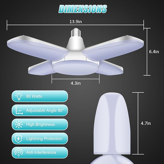 LED Garage Lights 4 Pack, New Upgrade 80W Deformable Shop Lights with 4 Adjustable Panels, E26/E27 LED Ceiling Light, 8000LM 6500K Hight Bay Light for Basement Warehouse Workshop