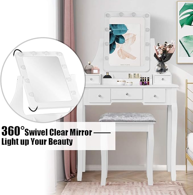 CHARMAID LED Vanity Desk with Lighted Mirror, 10 Dimming Bulbs, 5 Drawers, 3 Storage Organizers, Makeup Vanity Desk with Stool, Bedroom Dressing Table, Gift for Girls Women (White)