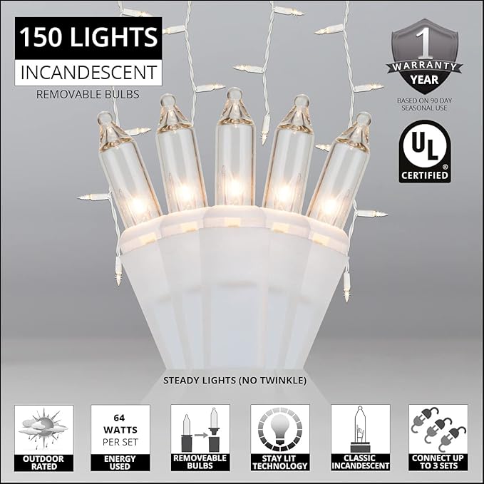 Kringle Traditions 8.5 ft 150 Clear Icicle Lights - White Wire, Indoor/Outdoor Christmas Icicle Lights