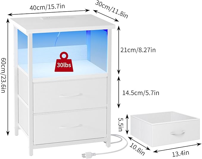 Fixwal Night Stand with Charging Station, LED Nightstand with U-S-B Ports and Outlets, 2 Fabric Storage Drawers with PU Finish, Bed Side Table, White