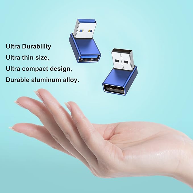 AreMe 90 Degree USB 3.0 Adapter 2 Pack, Up and Down Angle USB A Male to Female Converter Extender for PC, Laptop, USB A Charger, Power Bank and More (Blue)