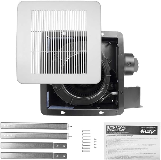 BV Bathroom Exhaust Fan 150CFM - Bathroom Fan,2.0 Sones, 4" Duct Collar| Energy-Saving Ventilation Fan- No Attic Access