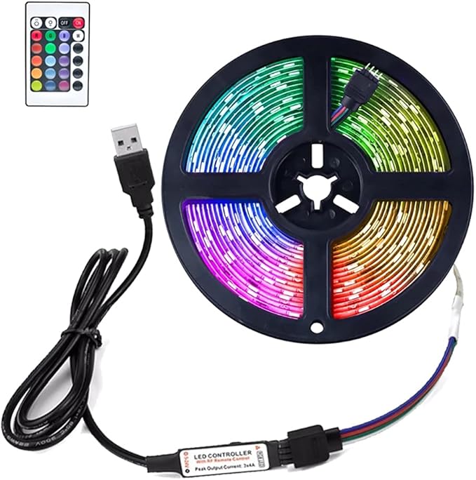 RGB Led Strip 16.4ft,5V USB Colorful 30LED S/M SMD 5050 Flexible Lights for TV Backlight Room Decor，with 24 Keys Remote Controller