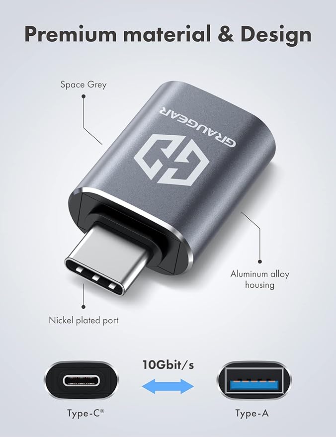 GRAUGEAR USB to USB-C Adapter Pack of 2, 10Gbps Data Transfer, USB-C Male to Type-A Female Adapter, Compatible with PC, Laptop, MacBook, iPhone, iPad, Apple Watch, USB Charger, Type C Devices