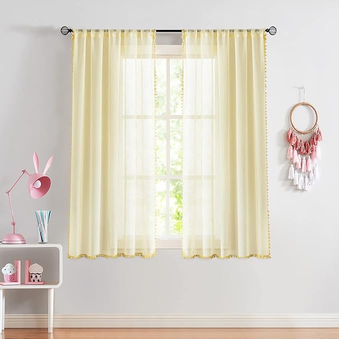 Treatmentex Pom Pom Yellow Sheer Curtains for Girl's Room 63" Linen Texture Voile Draperies for Bedroom 52" w 2 Pack