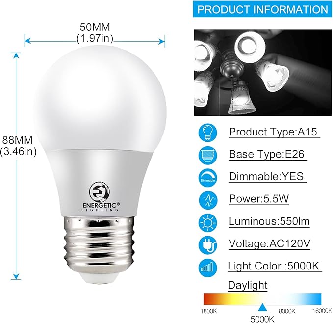 Energetic 5.5W A15 LED Refrigerator Bulb, 40 Watt Equivalent, 5000K Daylight, Dimmable A15 Ceiling Fan Light Bulbs, E26 Base, 2 Pack