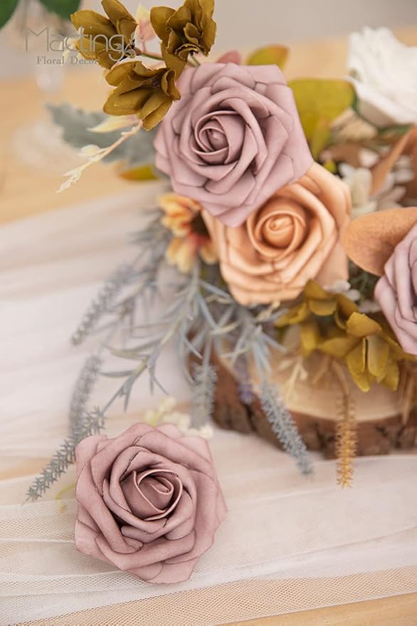 MACTING Artificial Rose Flowers 30PCS Real Touch Fake Flowers with Stem Foam Roses for DIY Wedding Bouquets Table Centerpieces Baby Shower Party Spring Home Mothers Day Decor (Dusty Purple Pink)