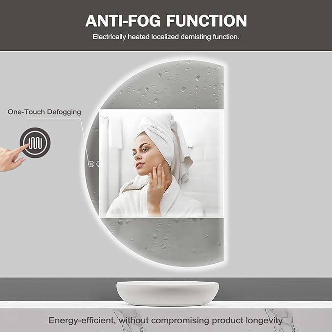 YUDACHU 40"×28" LED Mirror for Bathroom, Anti Fog Half Moon Mirrors for Wall-Irregular Modern Vanity Mirror-with Backlit, 3 Colors, Stepless Dimmable, Shatter-Proof