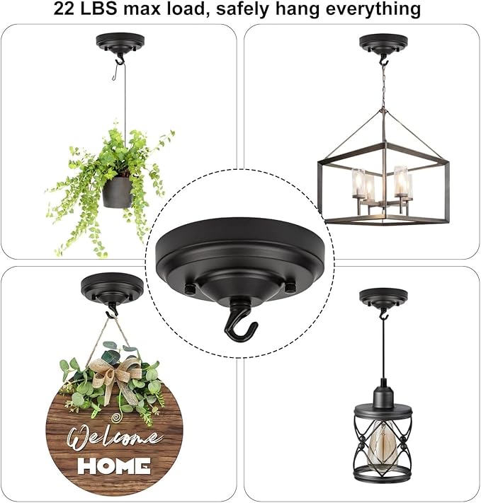 Light Canopy Kit, 5IN Chandelier Kit with Hook, Matte Black Ceiling Metal Canopy for Pendant Light, Grow Light, Plant, Max Load 33LBS