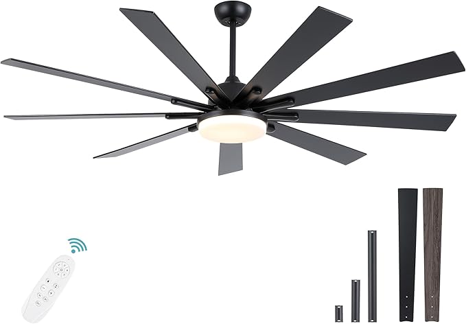 72 Inch Ceiling Fans with Lights,Large Modern Ceiling fan with Remote and 9 Wooden Blades,Dimmable,6 Speeds,Noiseless Reversible Indoor&Outdoor Fan for Bedroom,Patio,Living Room