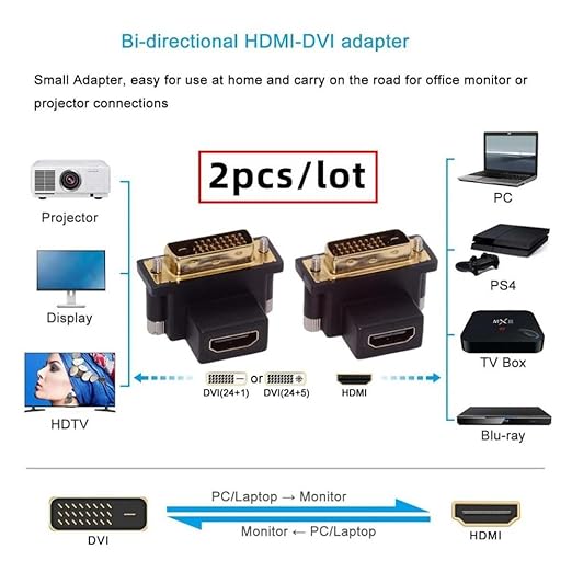 cablecc 2pcs/Set DVI Male to HDMI Female 4K Adapter Up & Down Angled 90 Degree for Computer HDTV Graphics Card
