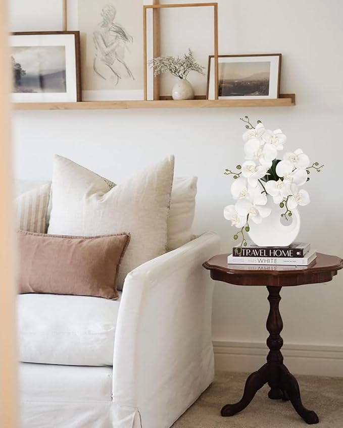 Briful Artificial Orchid White Flowers in Modern Ceramic Vase 15.7" Tall Faux Orchid Arrangement Silk Orchid Flower Fake Orchid Centerpiece for Home Office Room Wedding Table Décor