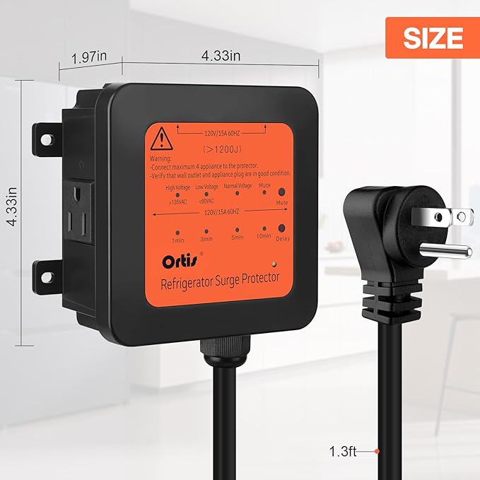 Ortis 4-Outlet Refrigerator Surge Protector, 1200J, Delay Start, Quick Reset, Audible Alarm & LED Indicators, Prevents Voltage Spikes, Surges & Power Outages, 1.3ft Cord, for 27+ cu. ft. Fridges