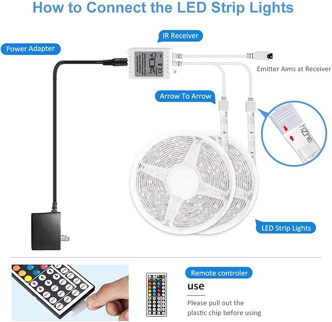 DAYBETTER Waterproof Led Lights for Bedroom, 32.8ft (2 Rolls of 16.4ft) Led Strip Lights, 300 LEDs Color Changing RGB 44 Keys Remote Controller, 12v for Outdoor Room Home Party Christmas Decoration