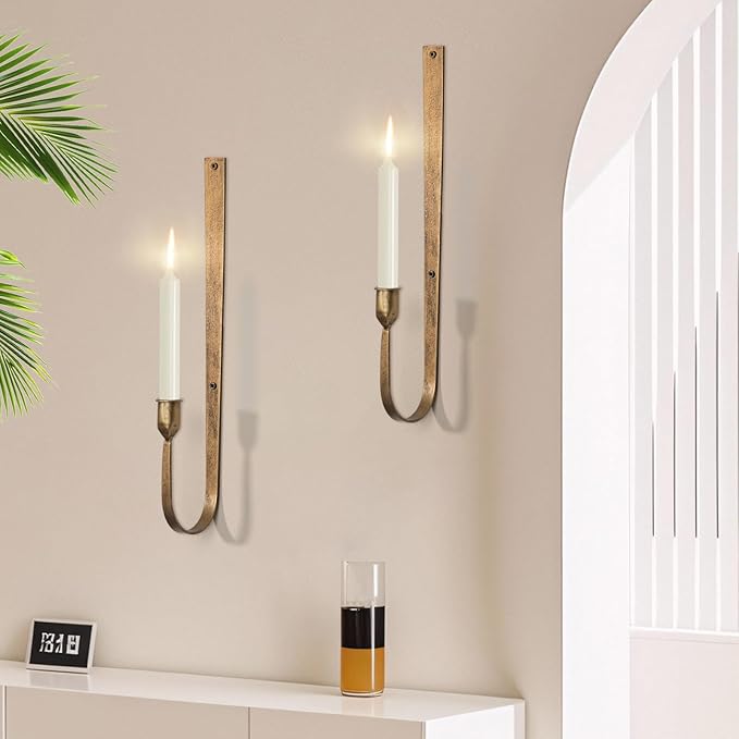 Wall Candle Holder Set of 2, Metal Wall Mount Candle Sconces Holder, Modern Wall Decoration for Living Room, Dining Room, Fireplace, and Weddings (Golden)
