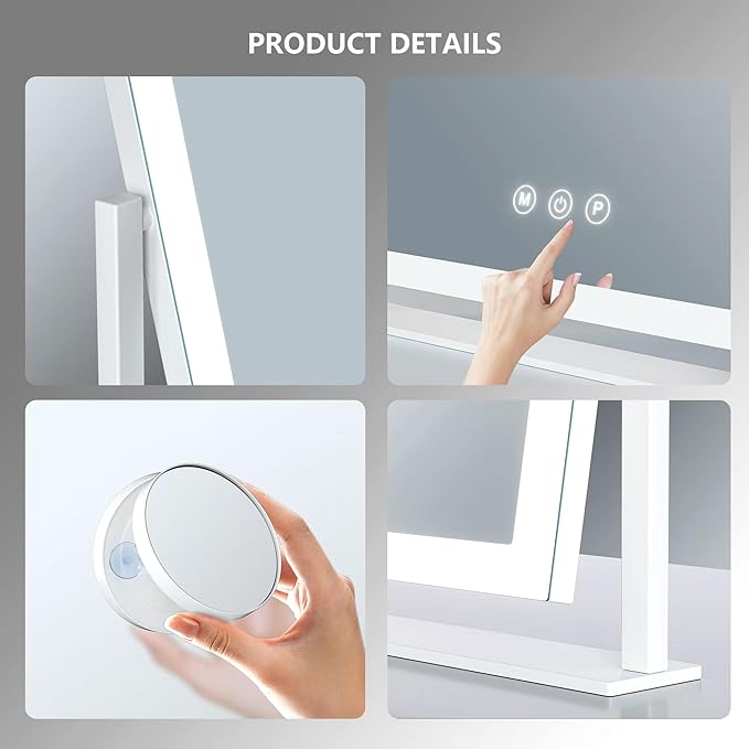 Lighted Makeup Mirror, 17.2"x13.6" Hollywood Vanity Mirror with Lights, Three Color Modes, Smart Touch Control, 360°Rotation,with 5X Magnifying Glass