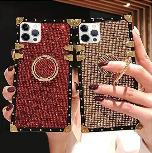 Samsung Galaxy A13 5G Bling Case, Red Luxury Glitter Sparkle Soft Trunk Cover with Finger Ring Grip Kickstand