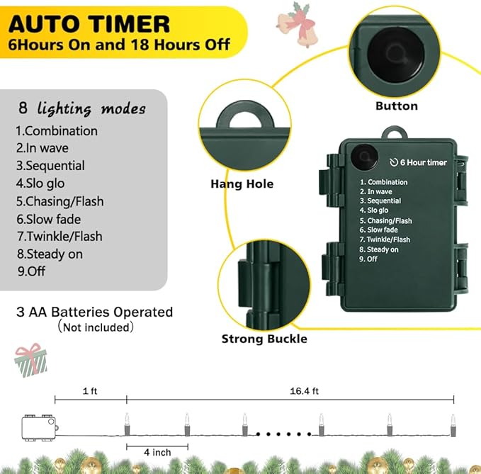 KOUQIYA Battery Operated Christmas Lights, 8 Set of 17ft 50 LED Mini String Light with Auto-Timer 8 Modes Waterproof Tree Lights (Warm White, 50 LEDs x 8 Pack)