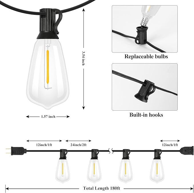 Brightever Outdoor String Lights 180FT, Patio Lights with 90+4 Dimmable ST38 Shatterproof LED Bulbs, Vintage Edison String Lights for Outside, Waterproof Bistro Lights for Halloween Backyard 2700K