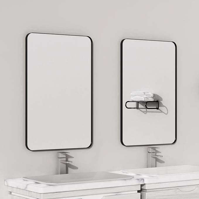 VocalStar Black Bathroom Mirror for Wall, 24 x 32 Inch Rounded Rectangle Metal Framed Bathroom Wall Vanity Mirror Farmhouse, 1/4-inch Shatterproof Glass | Ultra-Flush Hanging