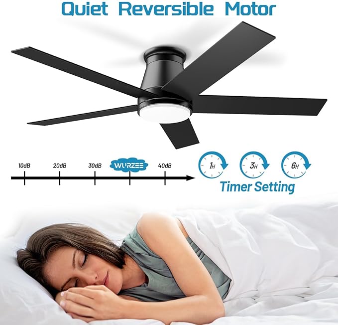 wurzee 52" Flush Mount Low Profile Ceiling Fan, Black,6 Speeds DC Reversible Motor,Timing, Dimmable for Indoor, Patio,Porch, Garage, Shop