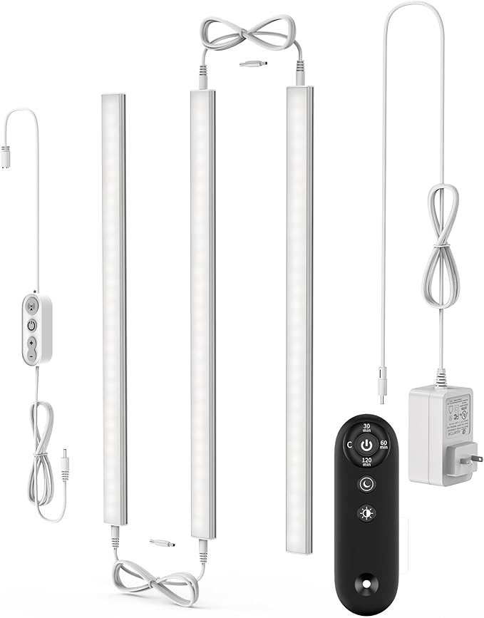 Remote Control Under Cabinet Led Light Plug in, Dimmable Daylight White 4500K, 3 Pack 12 inch Linkable Led Under Counter Lights for Kitchen Upgrade ETL Listed Plug 24V, UNO-LK 4500K