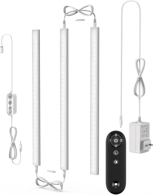 Remote Control Under Cabinet Led Light Plug in, Dimmable Daylight White 4500K, 3 Pack 12 inch Linkable Led Under Counter Lights for Kitchen Upgrade ETL Listed Plug 24V, UNO-LK 4500K