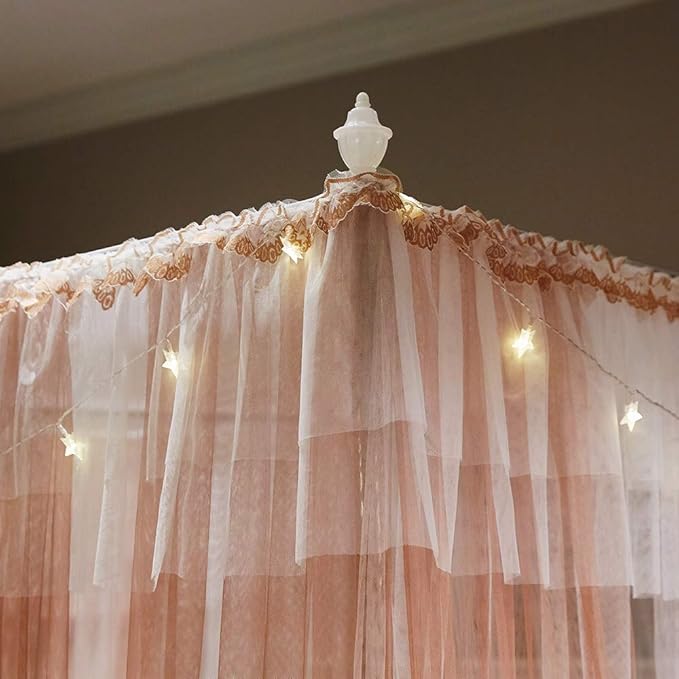 Joyreap Luxury 4 Corners Post Canopy Bed Curtains - Coral & White Cozy Drape Netting - Cute Princess Style Decoration Accessories(Reddish Brown, 59" W x 78" L, Full/Queen)