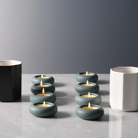 Handmade Decorative Pebble Tealight Candle Holders Set of 8 - Handcrafted Home Decor Accent for Calming Earthy Aesthetic Cement Grey Blue Diameter 2.6 inches