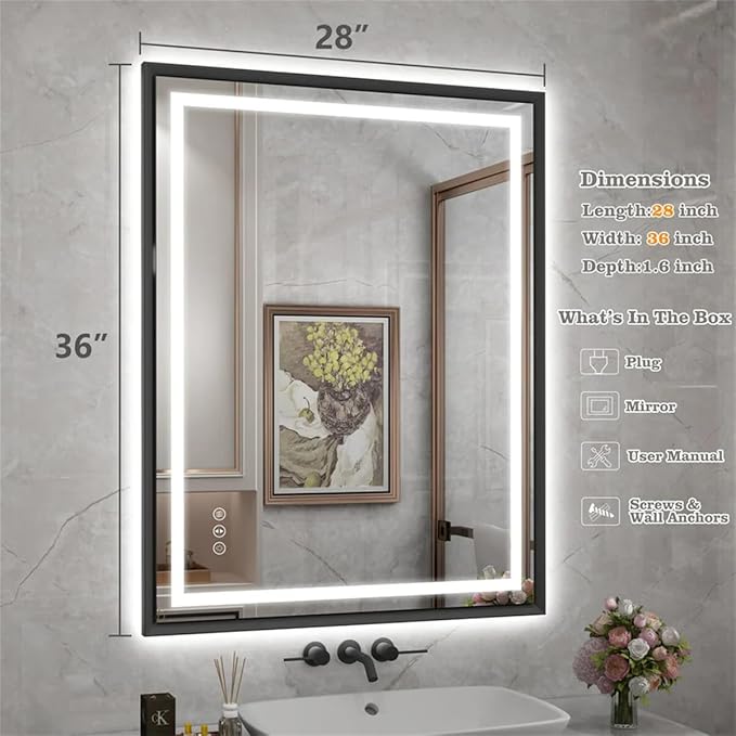 28"x 36" LED Bathroom Mirror with Black Frame, Stepless Dimmable, Anti-Fog, Shatter-Proof, Memory, 3 Colors, LED Vanity Mirror