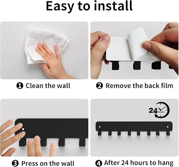 pickpiff 2 Pack Key Holder for Wall Adhesive, Key Hooks with 8 Hooks Wall Mounted, Black Key Hangers No Drill for Living Room, Kitchen, Office