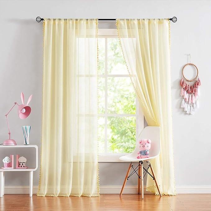Treatmentex Sheer Curtains for Bedroom Children's Room Yellow 108 inches Long Linen Textured Window Drapes with Cute Pom Pom Tassle 2 Panels 52" w Rod Pocket Header