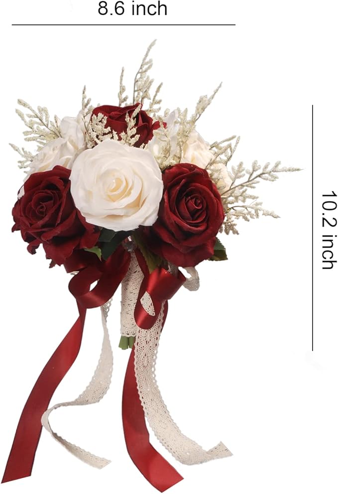 Wedding Bouquets for Bride, Champagne White & Burgundy Bridal Bridesmaid Wedding Flowers, Artificial Toss Rose for Civil Ceremony (Hollow Lace Ribbon Handle)