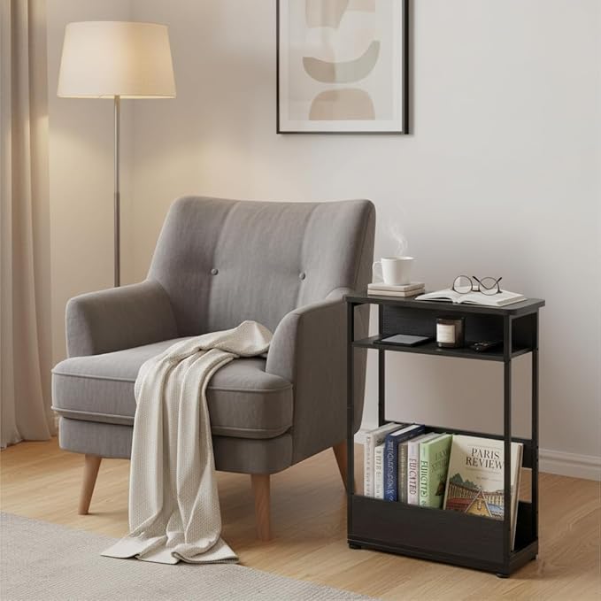 Narrow Side Table,3-Tier Slim End Table with Storage Shelf,Modern Sofa Table Thin Side Table for Narrow and Small Spaces, Skinny Bedside Table Small Nightstand with Magazine Rack Space Saving/Black
