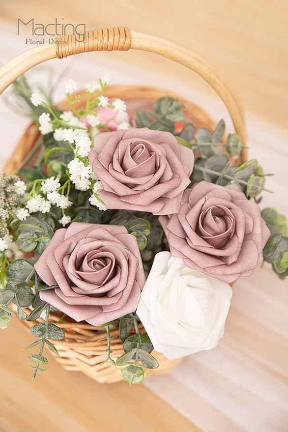 MACTING Artificial Rose Flowers 30PCS Real Touch Fake Flowers with Stem Foam Roses for DIY Wedding Bouquets Table Centerpieces Baby Shower Party Spring Home Mothers Day Decor (Dusty Purple Pink)