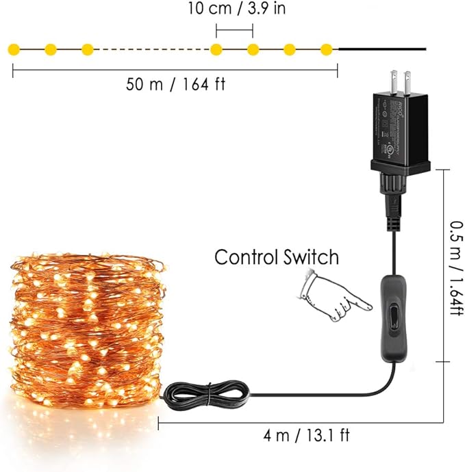 Moobibear Ultra Long LED String Lights 164ft 500 LEDs Copper Wire Lights, UL Listed Plug in Warm White Fairy Lights with ON/Off Switch for Bedroom Patio Wedding Party Valentines Day Decor