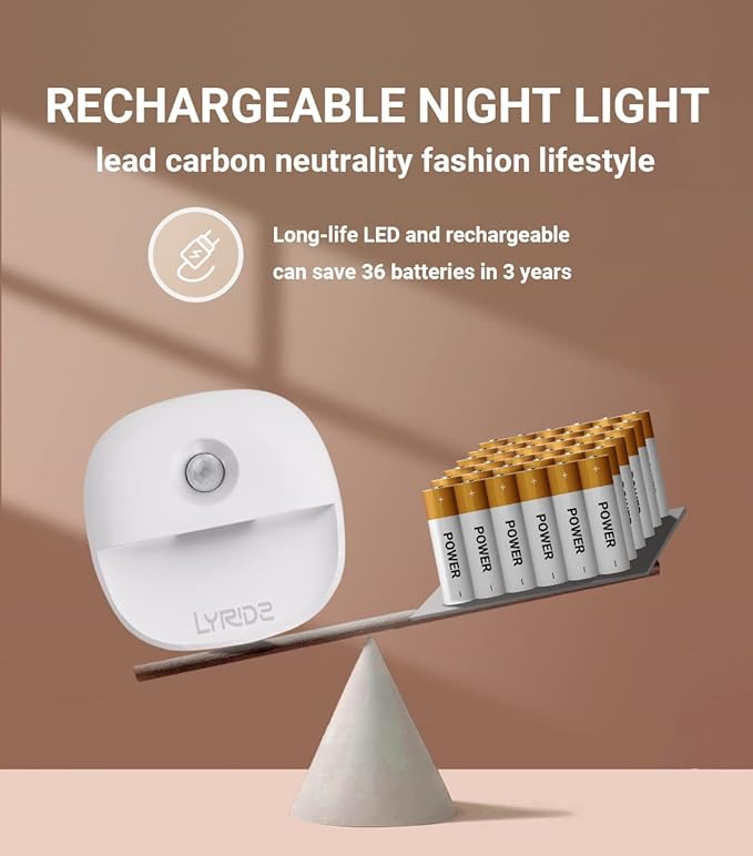Lyridz Rechargeable Battery Night Light with Motion Sensor, Dimmable Amber Nightlights for Bathroom, Bedroom, Hallway, Stairs, Pet House, 3 Pack